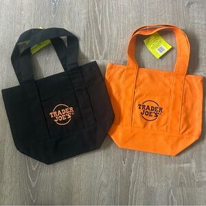 Set of Two New  Trader Joe's Canvas Mini Tote Halloween Bags Black and Orange